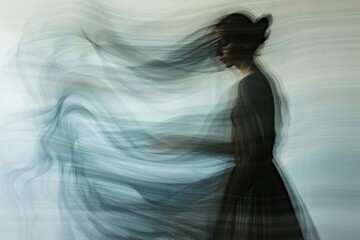 A woman with wisps of smoke rising from her hair, evoking a sense of mystery and intrigue, Generate an image that appears to be in motion despite being still. AI generated