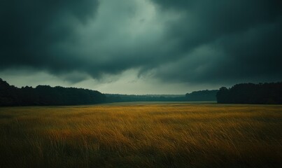 Dark clouds looming over a wide open field