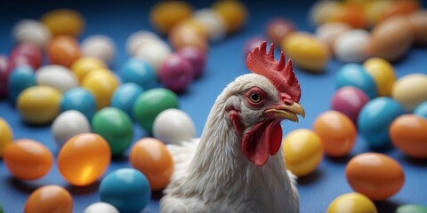 Chicken gazing at array of colorful pills on blue background.