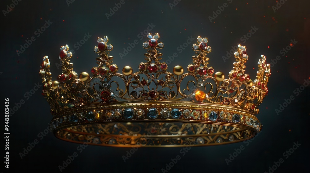 Poster opulent golden crown with intricate filigree and gleaming gemstones dramatically lit against deep bl