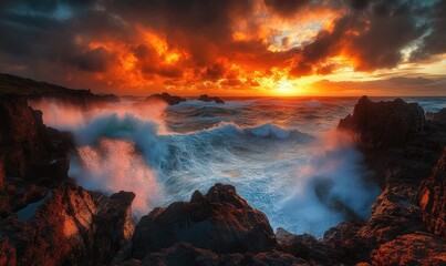 Fototapeta premium Deep orange and red sunset over a rocky coastline