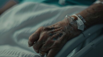 Fototapeta premium Close-up of an elderly hand with an IV drip, resting in a hospital bed.