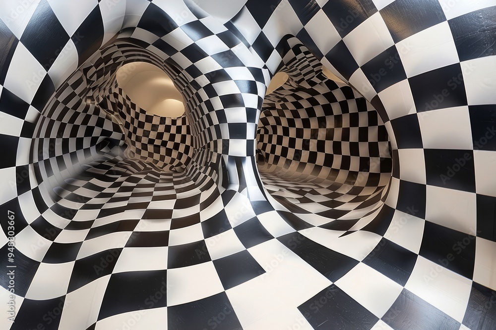 Poster a black and white checkered tunnel featuring a striking black and white pattern, creating a sense of