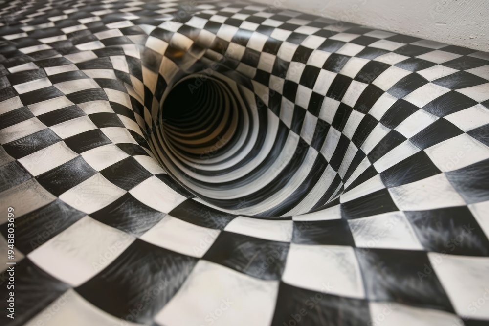 Poster a black and white checkered tunnel featuring a striking black and white pattern, creating a sense of