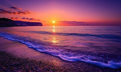 Fototapeta premium Deep purple and orange sunset, calm ocean reflecting the vibrant sky