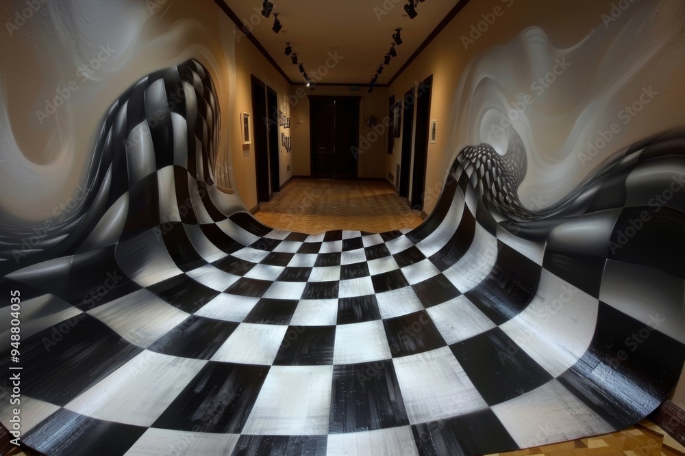 Poster a black and white checkered tunnel featuring a striking black and white pattern, creating a sense of