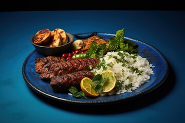 A plate of food with meat, rice, and vegetables