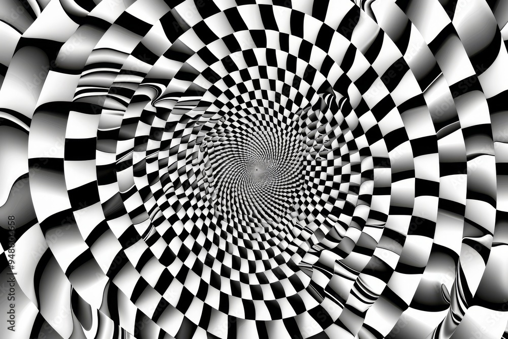 Poster an intriguing black and white checkered tunnel showcasing a dynamic black and white pattern, invitin