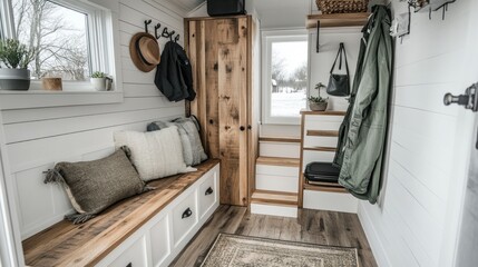 White shiplap wall, wood bench with storage, and wooden door.