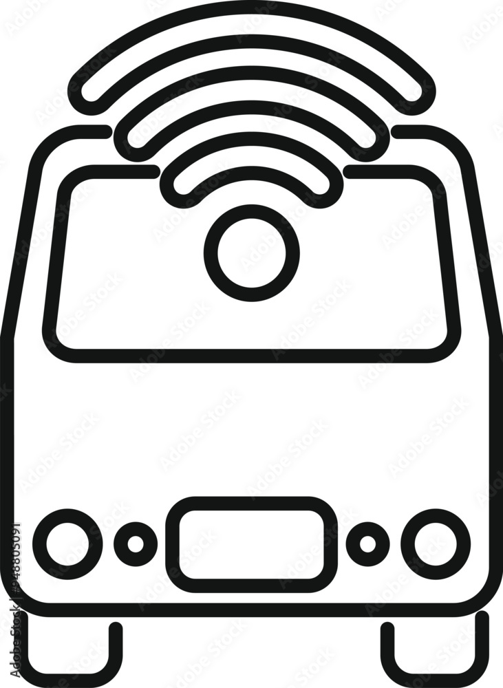 Poster outline style icon representing the front view of a self driving bus using a wireless network