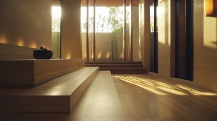 Fototapeta premium A minimalist interior design with natural light streaming through a window, illuminating wooden flooring.