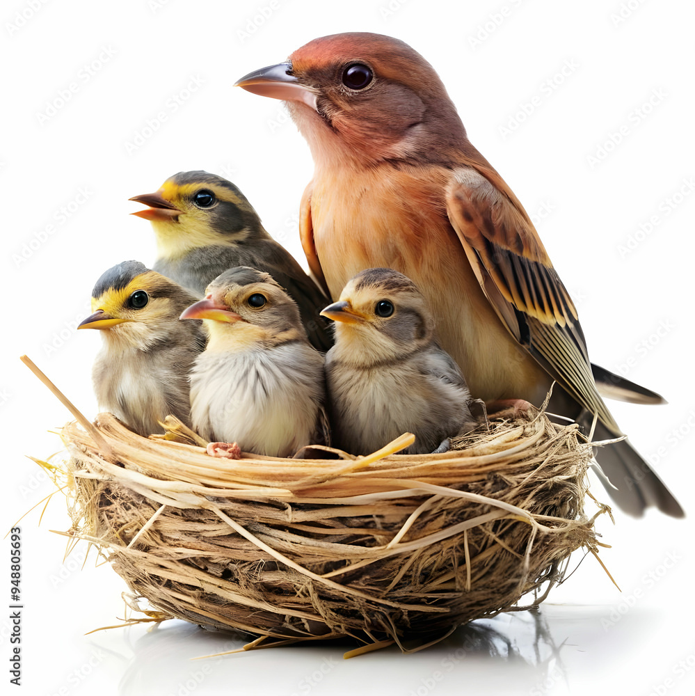 Wall mural a bird with baby birds in a nest with white background