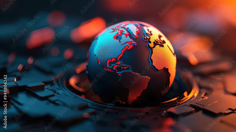 Poster a digital representation of a glowing earth centered on a futuristic circuit board, symbolizing glob