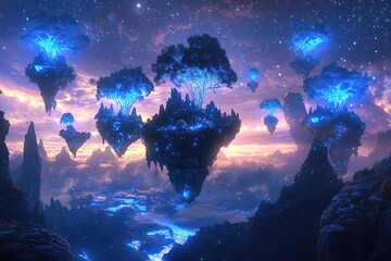 A surreal landscape of floating islands in the sky, each island representing different biome
