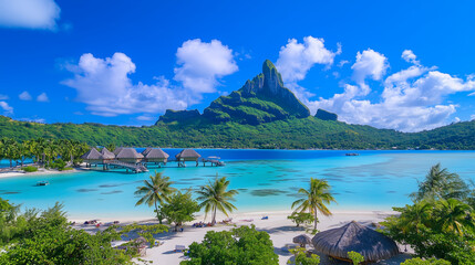 Bora Bora Beach is beautiful, the sea water is beautiful, the sky is clear, and the atmosphere is good.