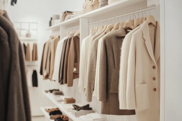 Close-up of beige and brown sweaters hanging on a clothes rack