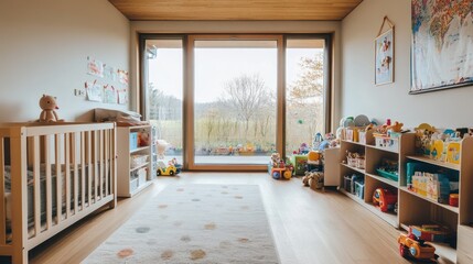 Fototapeta premium Bright and airy nursery with toys and a crib.