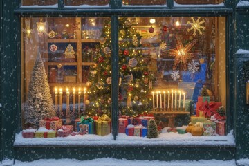 Snowy Window Display with Christmas Tree and Gifts
