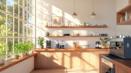 Modern Kitchen Interior with Wooden Shelves and Window.