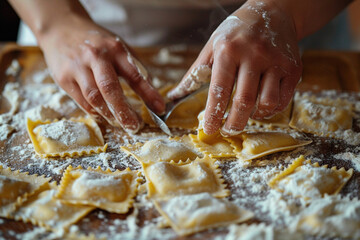 Woman human chef making homemade ravioli or tortellini from fresh ingredient. Cooking healthy Italian cuisine food gourmet preparation meal