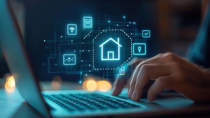 Laptop User Navigating Virtual Real Estate Cards for Digital Home Marketing