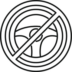 Simple line art icon of a steering wheel with a diagonal line through it, representing the prohibition of driving