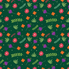 cream vector stock small flowers with green leaves pattern on green background