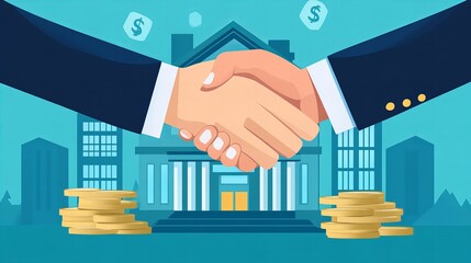 two business people shaking hands with bank building and coins in background, vector illustration with flat design