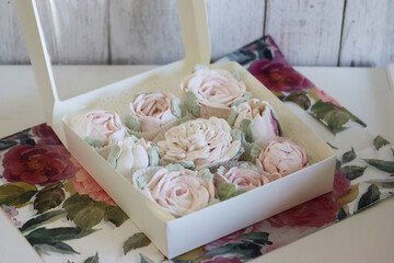 Homemade marshmallows. Marshmallow flowers. Close-up.
