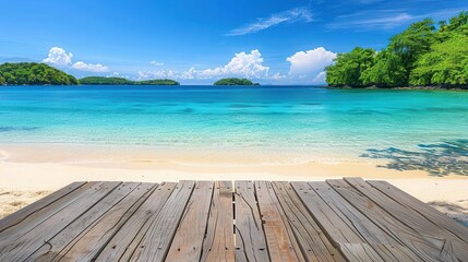 Fototapeta premium panoramic view of a pristine tropical beach with crystalclear turquoise waters white sand and lush green islands in the distance featuring a wooden table in the foreground