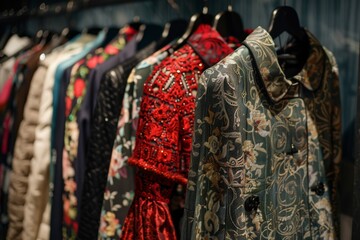 Fototapeta premium A display of various jackets and coats neatly arranged in a retail store setting, Indulge in a shopping spree to update your wardrobe, AI generated