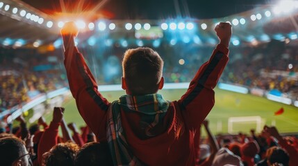 passionate soccer fans fists raised in unison stadium atmosphere electric with excitement blur of team colors floodlights illuminate sea of devoted supporters
