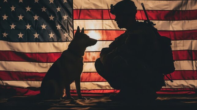 patriotic portrait silhouette of soldier with service dog american flag backdrop dramatic lighting sense of duty and companionship