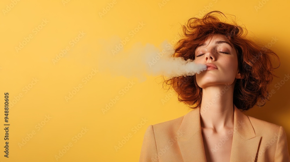 Wall mural A person with red hair exhales smoke against a vibrant yellow background, creating a striking contrast between the cool tones of the smoke and warmth of the background.