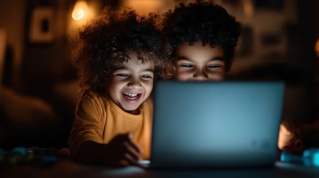 Two children are using a laptop at night in a dimly lit room, creating a cozy and focused atmosphere that highlights the importance of technology in modern childhood.
