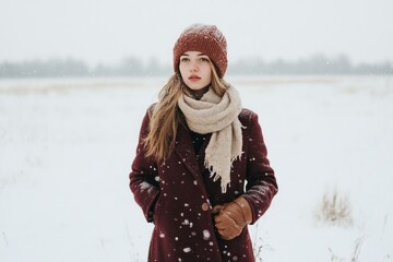 Young Woman in a Burgundy Coat and Knit Hat Standing in Snowy Field