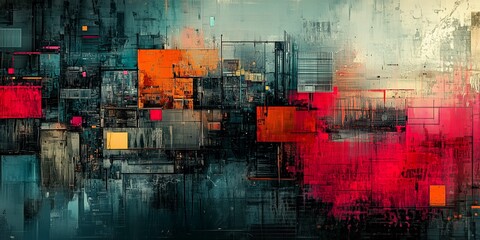 Obraz premium A visually engaging digital collage combining various textures and geometric shapes in a colorful and modern abstract design, Abstract, Digital Collage, Textures