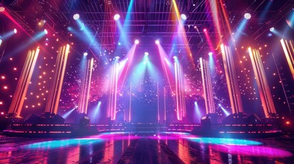 photorealistic rendering of a grand concert stage with dazzling light show featuring an array of colorful spotlights laser beams and atmospheric effects creating an electrifying ambiance