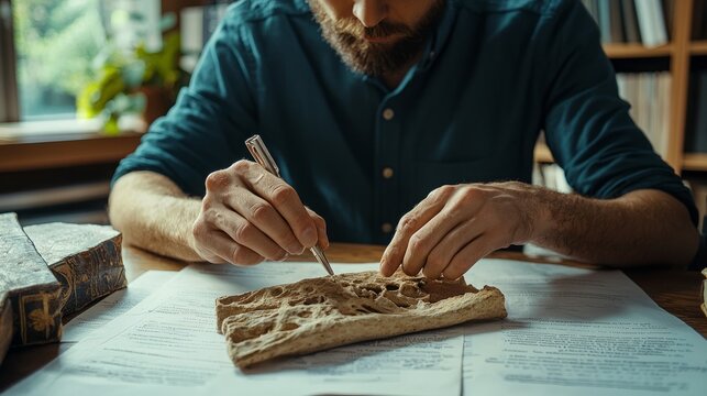 Forensic Male Anthropologist Analyzing Old Bone in Lab, Detailed Scientific Study