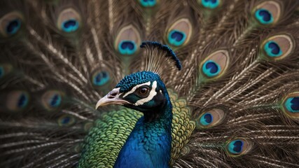 Fototapeta premium Close-up of a Peacock's Head with Vibrant Feathers.