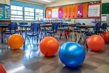 A classroom with flexible seating options like standing desks and exercise balls