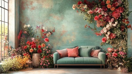 vibrant floral patterns and textures, blending styles and colors, create an eclectic and captivating room aesthetic that delights the senses floral room concept banner design