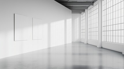 A large, empty room with a white wall and a window. The room is very clean and empty