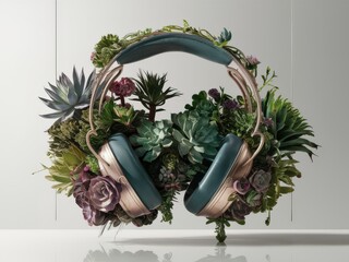 Headphones Surrounded by Lush Greenery and Succulent Plants Creating Eco-Friendly Vibe.