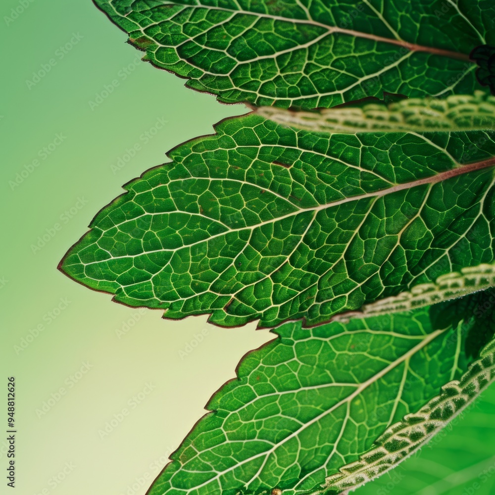 Wall mural Close-up of green leaves with intricate vein patterns.