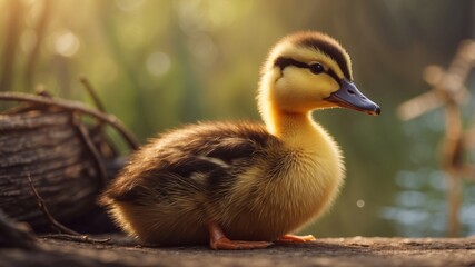 Obraz premium Cute little duckling on a rustic background.