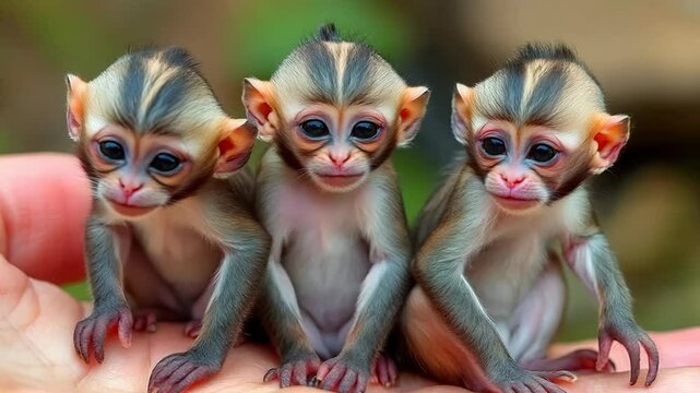 Three small monkeys rest on a person&rsquo;s hand, showcasing their curious expressions. The lush greenery in the background enhances the peaceful atmosphere.