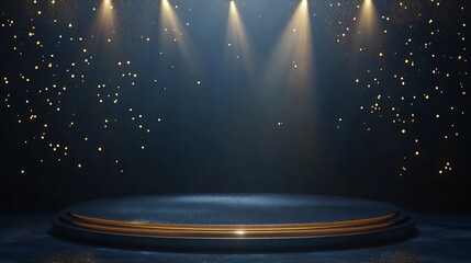 Dark background, podium with golden light beams, award ceremony concept