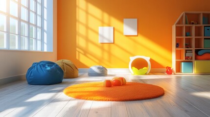 A sunny playroom with colorful beanbags, a round rug, and a wooden bookshelf with toys.