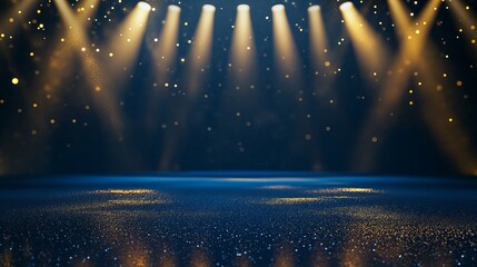 Dark blue and gold background with spotlights and glitter, shiny stage for product presentation